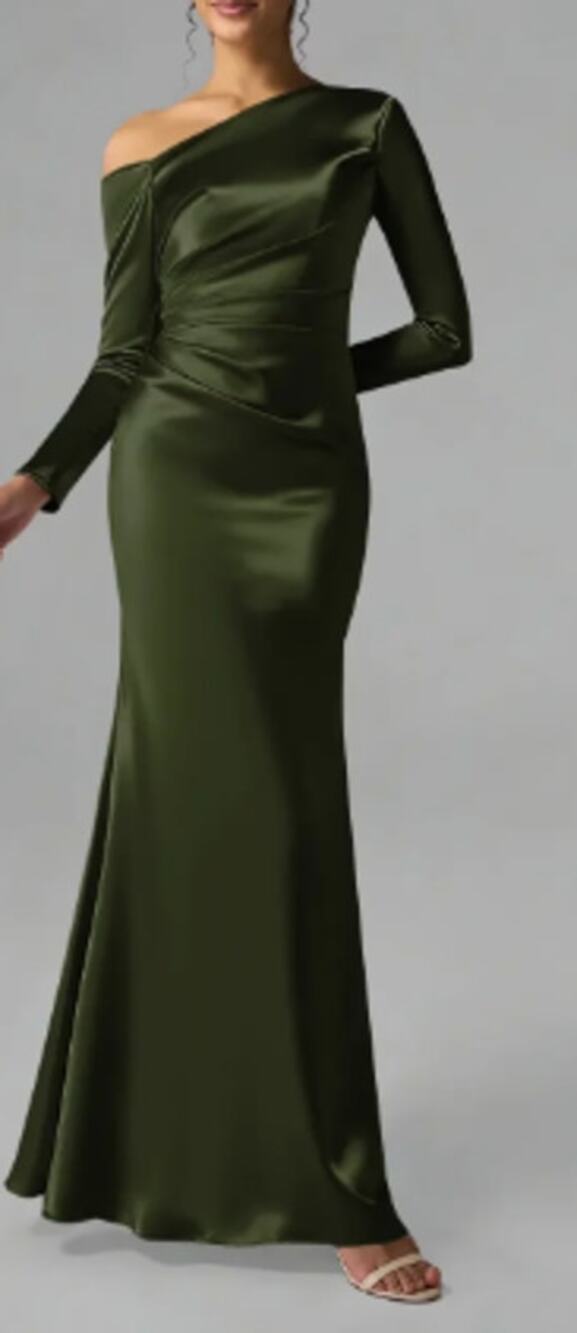 AW BRIDAL SZ 4 S green olive Anya crystal satin formal party maxi dress NEW b49